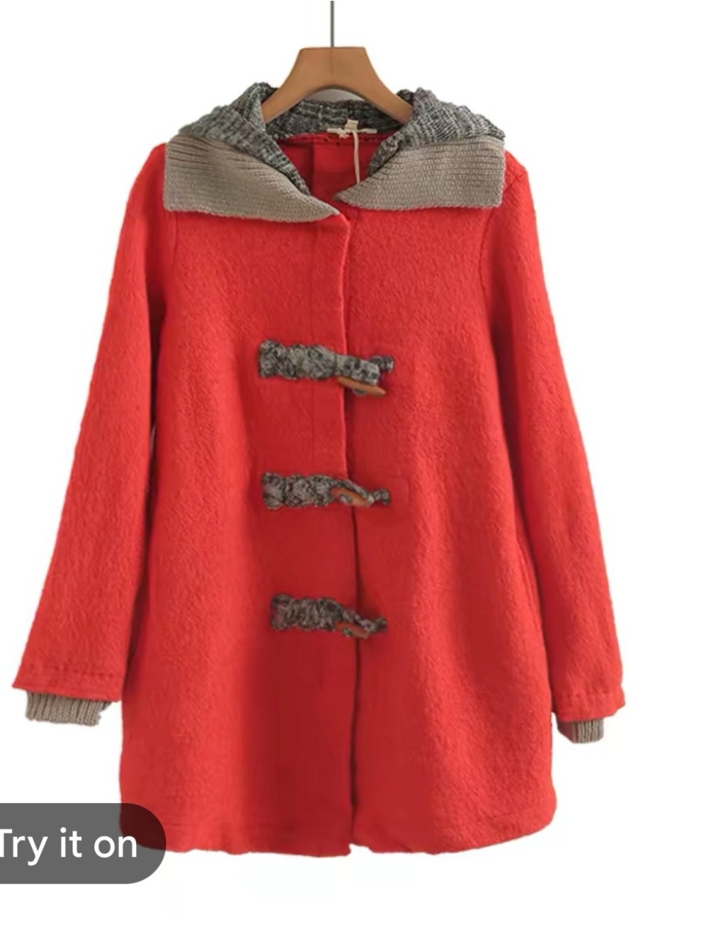 Anthropologie Red Hooded Toggle Pea Coat with Gray Knit Trim